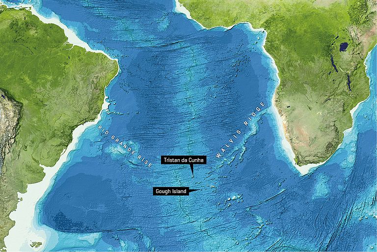 Die Lage der Vulkaninseln Tristan da Cunha und Gough im Südatlantik. Image reproduced from the GEBCO world map 2014, www.gebco.net