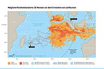Mögliche Ursprungsorte der Modellpartikel, die aus dem östlichen Indischen Ozean stammen und nach 16 Monaten die Insel La Réunion erreichten. Die Gebiete mit den höchsten Wahrscheinlichkeiten sind farblich hervorgehoben. Quelle: GEOMAR