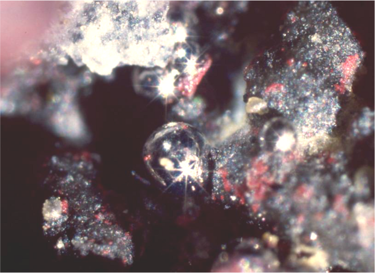 Silvery droplets of native mercury on samples