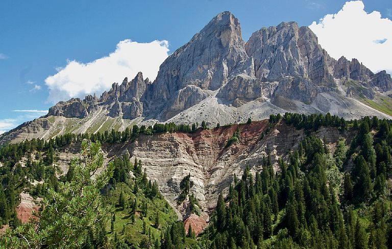 Sass de Putia, northern Italy. Dolomites in Southern Alps harbour unique Permian-Triassic sections with rich marine assemblages including brachiopods that record the last moments of Palaeozoic life. Photo by Dr. Renato Posenato (Ferrara University).