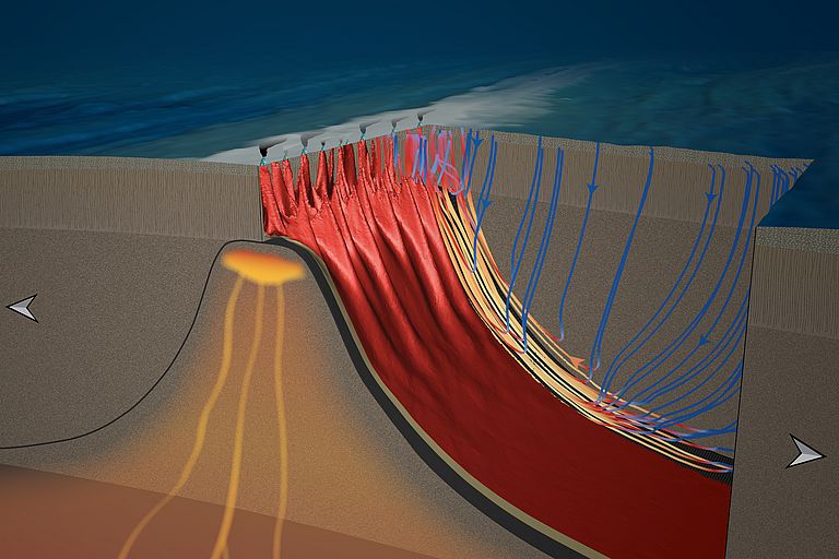 Visualisierung des Computer-Modells. Deutlich zu sehen die Nachschubwege der Hydrothermalquellen am mittelozeanischen Rücken. Die Pfeile deuten die Bewegungsrichtungen der Erdplatten an der Plattengrenze an.  Grafik: J. Hasenclever, GEOMAR