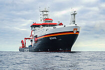 A large research vessel at sea