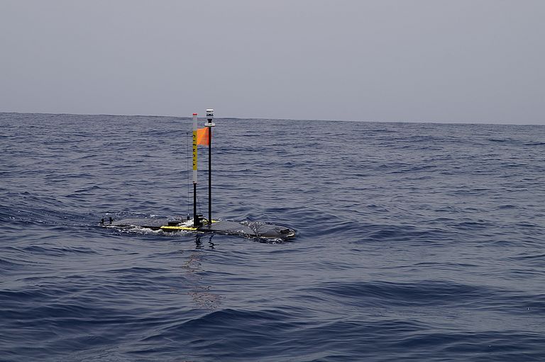 Ein autonom operierender Wave-Glider soll in Zukunft die Daten des GeoSEA-Arrays einsammeln und per Satellit an Land schicken. Foto: B. Fiedler, GEOMAR