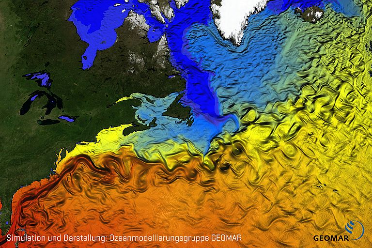 Das Golfstromsystem im Nordatlantik dargestellt durch simulierte Oberflächentemperaturen in einem hochauflösenden Ozeanmodell (ORCA12). Der Nordatlantische Strom (als Fortführung des Golfstroms nach Ablösung von der amerikanischen Küste) kennzeichnet den starken Temperaturkontrast zwischen subpolaren und subtropischen Breiten. Er ist dabei zentraler Bestandteil der Atlantischen Meridionalzirkulation (AMOC), die zu den wichtigsten Antrieben für dekadische Klimaschwankungen in dieser Region gehört. Simulation und Darstellung: Ozeanmodellierungsgruppe GEOMAR