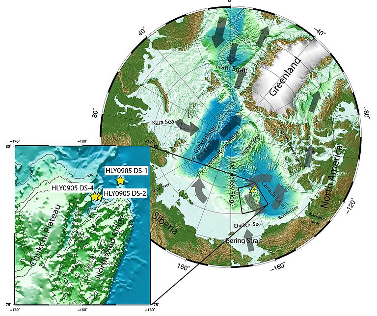 Karte des arktischen Ozeans mit Untersuchungsgebiet. Quelle: GEOMAR.
