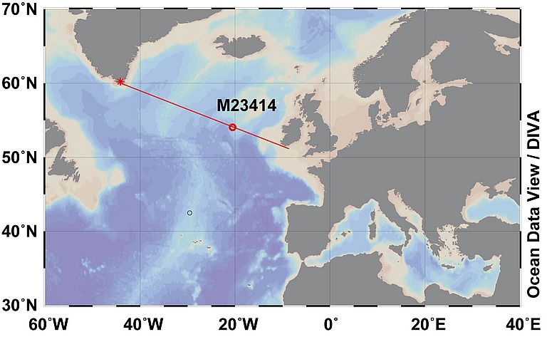 Karte mit Position des untersuchten Sedimentkerns und Schnitt durch den Nordatlantik. Grafik: E. Kandiano.