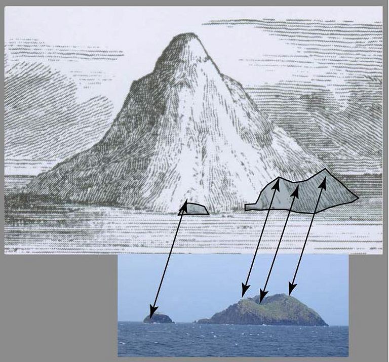 Ritter Island vor und nach dem Kollaps im Jahre 1888: Die Pfeile auf dem Photo aus 2004 zeigen die Umrisse an, die der Zeichnung aus 1835 zugeordnet werden können (Jacobs, 1844).