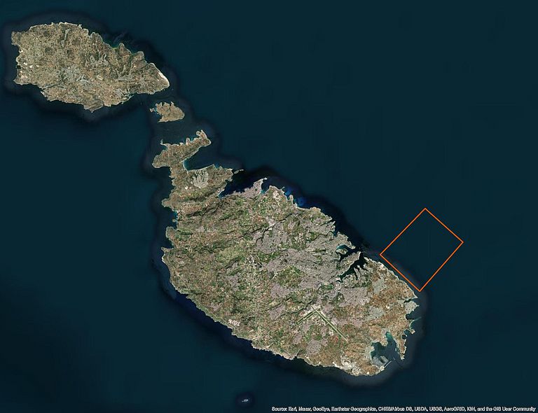 Satellite view on Malta, Box indicates the working area.