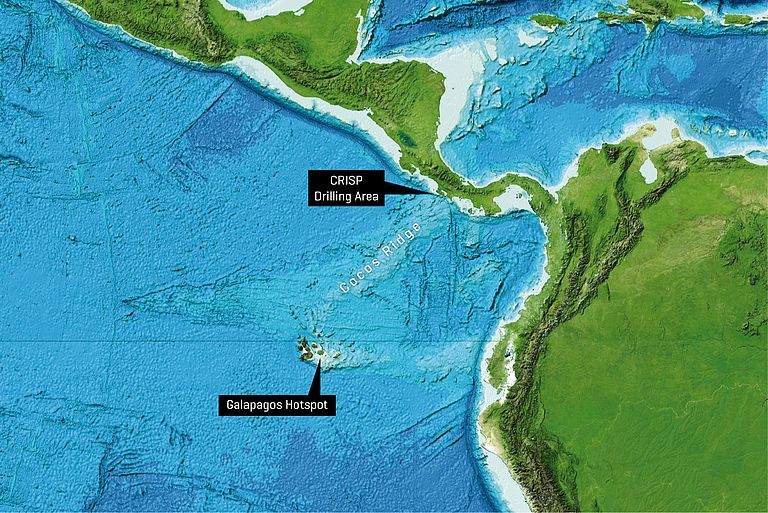 Today's Galapagos islands at the volcanic Galapagos-Hotspot are only about four four million years old. Traces of older eruptions have been found in cores obtained off the coast of Costa Rica. Image reproduced from the GEBCO world map 2014, www.gebco.net