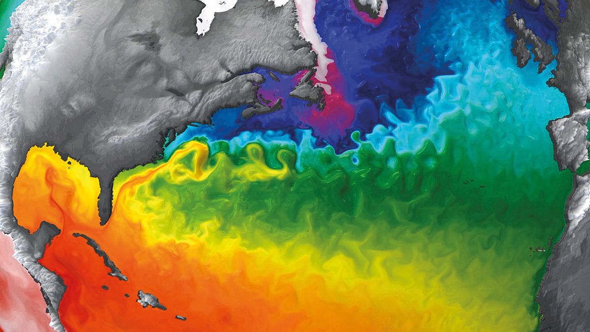 Surface temperature in the Gulf Stream area in colour from a VIKING20X simulation. Visualisation: Ocean Modelling Group GEOMAR