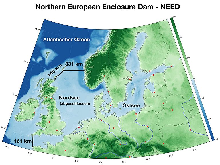 Karte der Nordsee mit den beiden vorgeschlagenen Dammprojekten. Nach Groeskamp / Kjellsson, 2020).