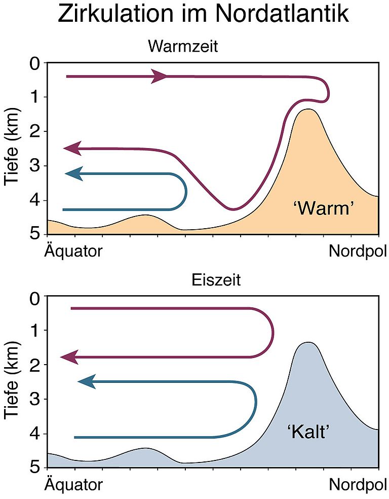 Schematic diagram of the deep water circulation in the North Atlantic during climatic warm phases as today and during the last glacial maximum and during at least three large glaciations about 2.7 Ma. (Figure from Rahmstorf (2002, Nature)). The violette arrow indicates the gulf stream circulation, the deep water production in the North Atlantic and the path of the NA deep water below. The blue arrow indicates the inflow of deep water from the Southern Ocean during extreme cold phases in the recent Earth's history.