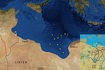Lage der 9 Kernstationen in der großen Syrte vor Libyen, kleine Karte zeigt vermutete Flusssysteme in der nördlichen Sahara (aus: Osborne et al., 2008)