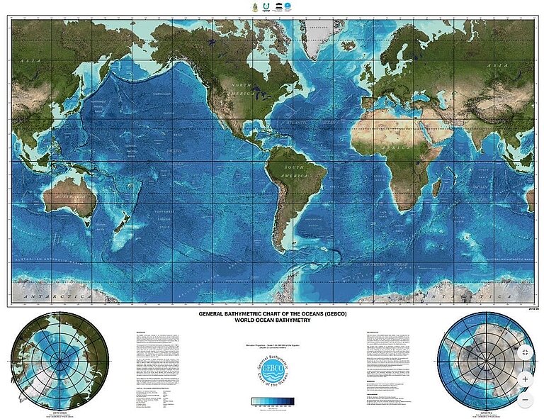 Eine Weltkarte, auf der auch die Höhen und Tiefen im Ozean eingezeichnet sind