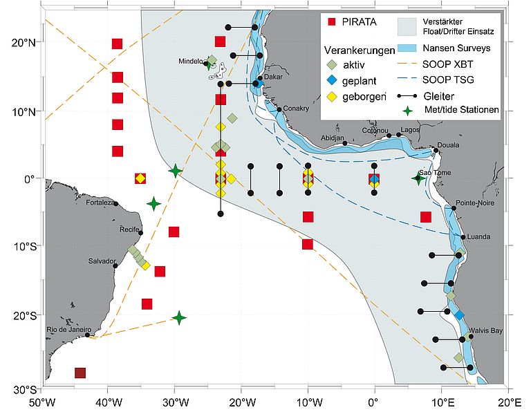 For the measurements in the tropical Atlantic, the scientists of the PREFACE project will use, among others, existing measurement networks of the international research programs PIRATA and TACE between West Africa and South America. Graphic: TACE/GEOMAR (For an english version of the graphic see below)