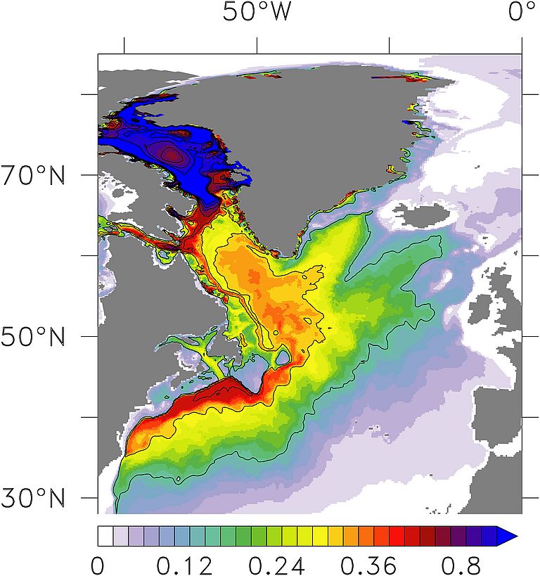 Propagation of the Greenland meltwater. Today's distribution of the  additional influx of meltwater since 1990 illustrates the southward export along the American continent. The color scale shows cubic meters of meltwater per square meter of ocean surface. Graphic: ocean modeling group GEOMAR