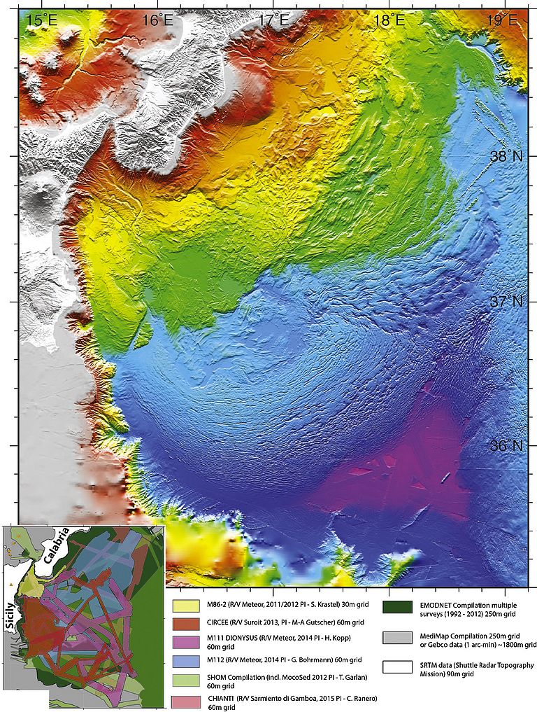 Topography of the sea floor east of Sicily based on data of different expeditions.  Graphics: Marc-André Gutscher, Univ. Brest.