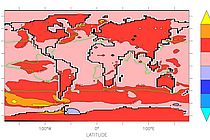 Vom Klimamodell simulierte zusätzliche Erwärmung im Jahr 2100 (in Grad Celsius), die durch einen vorübergehenden künstlichen Auftrieb im grün umrandeten Gebiet über den Zeitraum 2011-2060 verursacht wird. Quelle: IFM-GEOMAR.