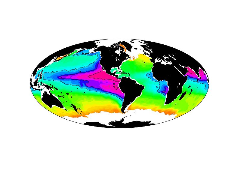Die Grafik zeigt in in den dunklen Blau- bis Lilatönen die Sauerstoffminimumzonen in den tropischen Ozeanen. Sie spielen für den Stickstoffkreislauf eine große Rolle. Für den Kieler SFB 754 sind sie das Hauptarbeitsgebiet. Grafik: SFB754