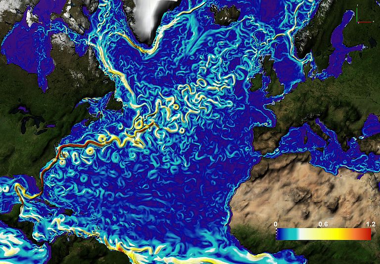 High resolution simulation of ocean currents in the North Atlantic. Source: GEOMAR