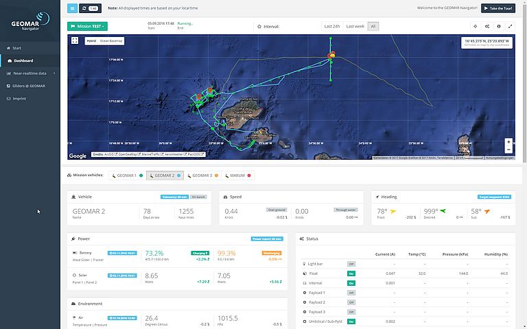 Über das Webportal "GEOMAR Navigator" können zukünftige Wave-Glider-Missionen online verfolgt werden.