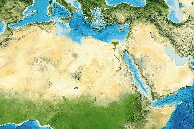 The Sahara is one of the most arid regions in the world. 9000 years ago, it was a green savannah. Details on the transition could now be reconstructed from samples obtained off the the mouth of the river Nile in the Mediterranean (yellow dot). Image Reproduced from the GEBCO world map 2014 www.gebco.net,