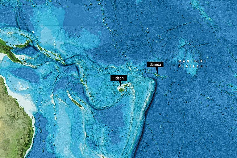 Das Manihiki-Plateau liegt nordöstlich der Pazifikstaaten Fidschi und Samoa. Image reproduced from the GEBCO world map 2014, www.gebco.net