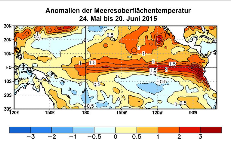 Anomalien der Meeresoberflächentemperatur von Ende Mai bis Ende Juni 2015. Quelle: NOAA/PMEL.