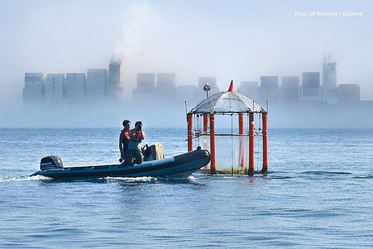 Ein Schlauchboot und ein Mesokosmos im Wasser nebeneinander. Im Hintergrund eine Nebelbank, in der ein Containerschiff zu erkennen ist. Foto: Ulf Riebesell