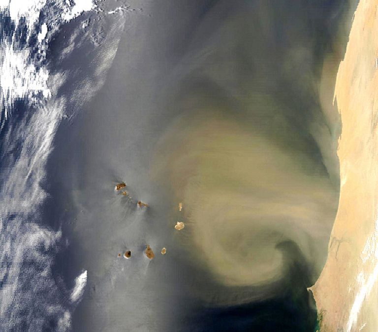 Satellite picture of a Saharan sand storm above the Cape Verde Islands. Source: NASA