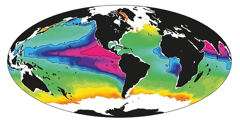 Verteilung von Sauerstoff in den Weltmeeren bei 300 bis 500 Metern Tiefe. Die Farben dunkelblau bis lila zeigen die Sauerstoffminimumzonen. Grafik. SFB 754