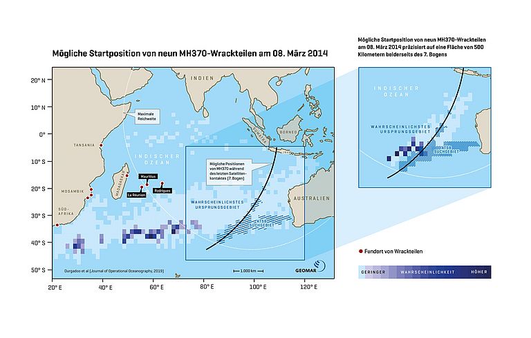 [Translate to English:] Mögliche Startposition der neun gefundenen Wrackteile von Flug MH370 am 8. März 2014. Der rechte Ausschnitt zeigt Region um den letzten Kontakt von MH370 mit einem Satelliten (7. Bogen) sowie das bisherige Suchgebiet (schraffiert). Quelle: GEOMAR