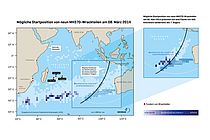 Mögliche Startposition der neun gefundenen Wrackteile von Flug MH370 am 8. März 2014. Der rechte Ausschnitt zeigt Region um den letzten Kontakt von MH370 mit einem Satelliten (7. Bogen) sowie das bisherige Suchgebiet (schraffiert). Quelle: GEOMAR