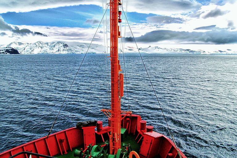 The research vessel in the polar sea.