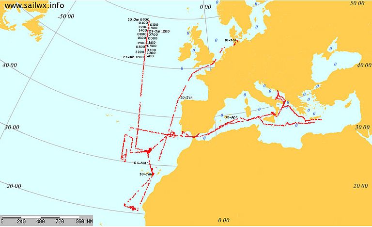 Routen FS POSEIDON im ersten Halbjahr 2014. Quelle: www.sailwx.info