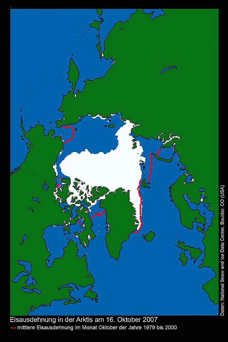 2007 war das Jahr mit der bisher geringsten gemessenen Eisbedeckung der Arktis. Daten: National Snow and Ice Data Center, Boulder (Colorado, USA)