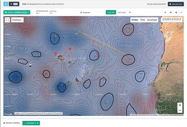 Current screenshot from the GEOMAR Navigator. On waveglider.geomar.de the devices used for eddie hunting can be followed in real time. An overlay shows the oceanic eddies around Cape Verde