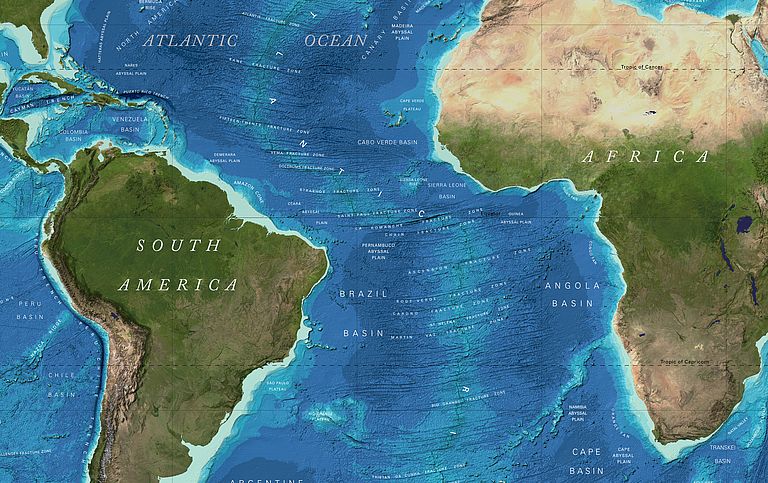 Ausschnitt aus der GEBCO world map. Zwar gibt es globale Abschätzungen der Meeresbodenformen. Doch ein großer Teil der von Wasser bedeckten Erdoberfläche ist noch nie direkt kartiert worden. Image reproduced from the GEBCO world map 2014, www.gebco.net