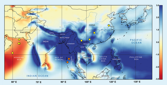 Amounts of precipitation (mm/day, minus evaporation) over the Indian Ocean and the adjacent continents in the months June to August. The dots mark the places of origin of previously used climate archives. The two orange dots in the Andaman Sea mark current sediment cores used for the first time. Source: Gebregiorgis et al., 2018.
