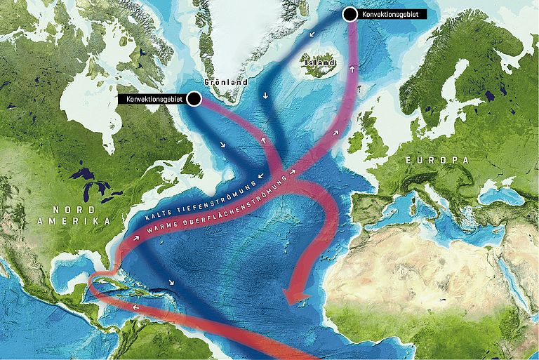 In the North Atlantic particularly dense waters sink into the deep and forms deep-water masses. Whether climate change will affect this process, is studied with numerous model simulations. Graphic: C. Kersten, GEOMAR, maps: www.gebco.net (English version is available for download below)