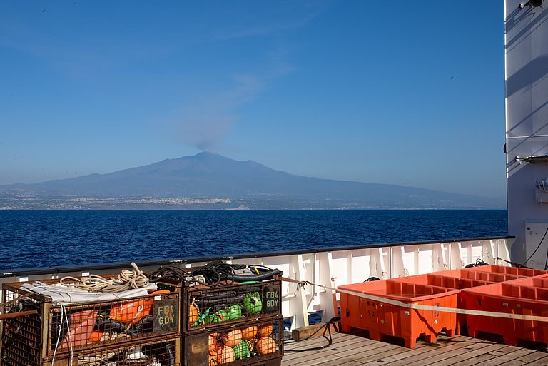 View from the research vessel SONNE to the fuming Etna. 