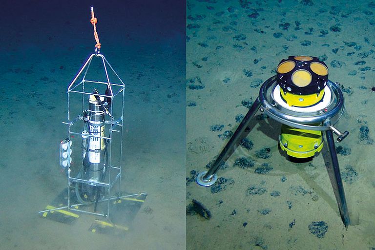 Hochauflösende Sensoren zur Messung der Trübung (links) und Strömungsgeschwindigkeit (rechts). Um die räumliche Ausbreitung der suspendierten Sedimentwolke zu erfassen, wurden mit dem ROV am Meeresboden Plattformen mit Messgeräten positioniert. Foto: ROV-Team / GEOMAR