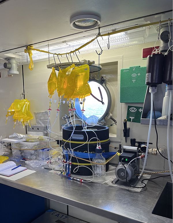Figure 9: Laboratory setup on the ship to pre-process reference water samples. (Photo: Björn Raupers)