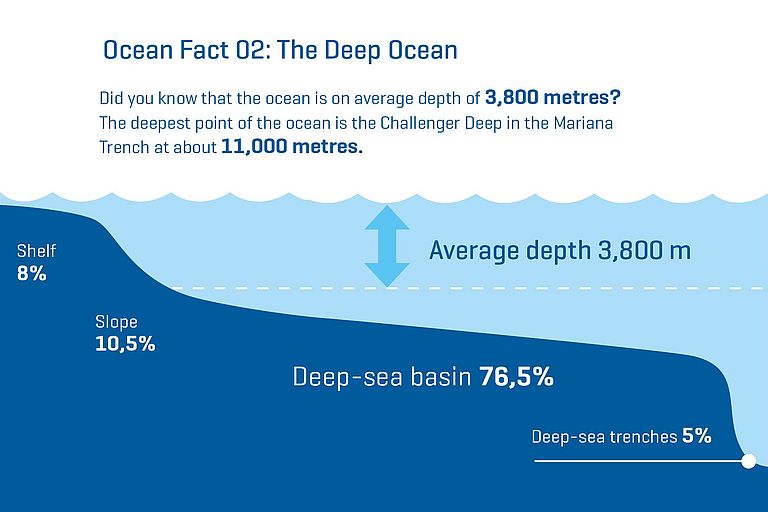 Did you know that the ocean is on average depth of 3,800 metres? The deepest point of the ocean is the Challenger Deep in the Mariana Trench at about 11,000 metres.