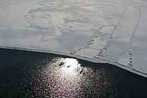 Eine sogenannte Polynja in der ostsibirischen Laptev-See. Diese auch im Winter eisfreien Wasserflächen sind entscheidend für die Eisproduktion der Arktis. Russische und deutsche Wissenschaftler erforschen gemeinsam diese wichtigen Klimaindikatoren. Koordiniert wird die Forschung am St. Petersburger Otto-Schmidt-Labor. Foto: H. Kassens, IFM-GEOMAR