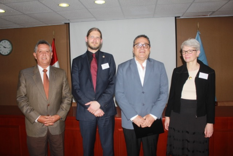 Kick-off meeting in Lima (from left to right): Javier Gaviola (President of the administrative board of IMARPE), Jörn Schmidt (Coordinator Humboldt-Tipping, Kiel University), Javier Atkins (Viceminister for Fischeries and Aquaculture) and Cornelia Andersohn (Project Agency Deutsches Zentrum für Luft- und Raumfahrt, DLR).