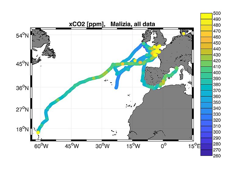 [Translate to English:] Daten zu gelöstem Kohlendioxid im Oberflächenwasser, erhoben von der Malizia in diesem Jahr. Grafik: SubCtech
