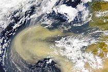 Dust storm over the eastern Atlantic. The dust contains iron which is a natural fertilizer of the ocean leading to enhanced plankton production and subsequently to a higher uptake of CO2. Photo: NASA