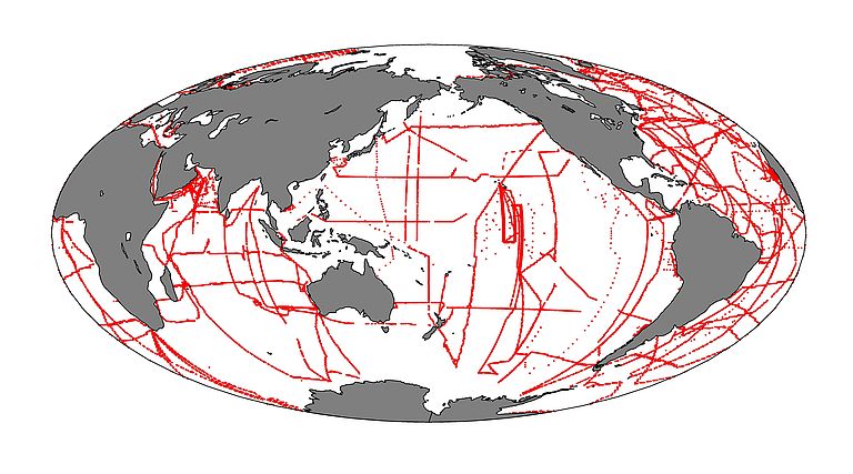 Distribution of N2O measurements in the ocean, taken from the MEMENTO-database of GEOMAR: https://memento.geomar.de/de. Graphic: A. Kock, GEOMAR.