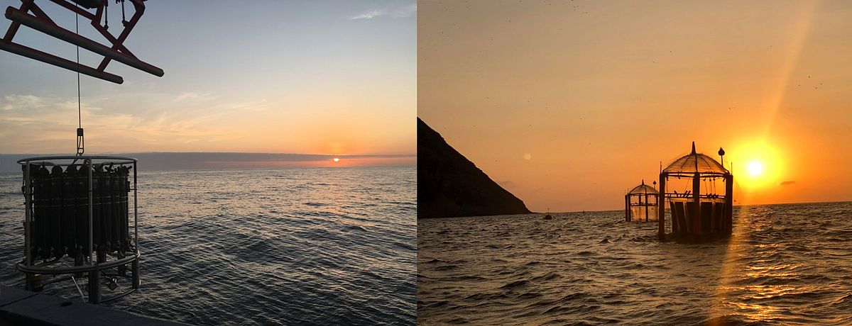 Abbildung 2: Fotos der CTD-Rosette während der MSM80-Expedition an Bord von Maria S. Merian (links) und der Mesokosmen vor der Insel San Lorenzo (Callao, Perú) (rechts). (Fotos von: Mar Fernández-Méndez)